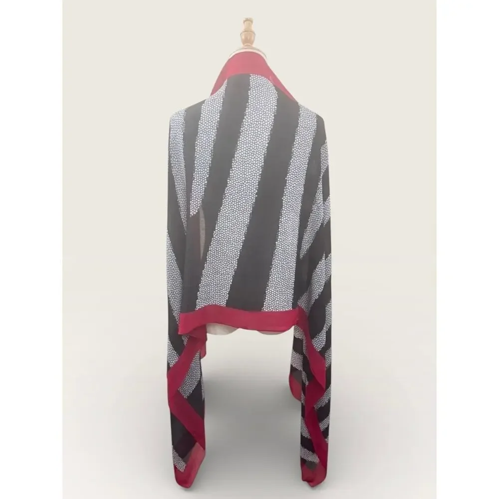 Black and White Stripe and Dot Pattern Scarf with Red Border, 70”